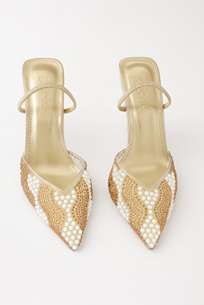 Beyond Women's Gold Crystal Bead Detailed Strappy Pointed Toe Evening Dress Shoes 8.5 cm Byndprs06