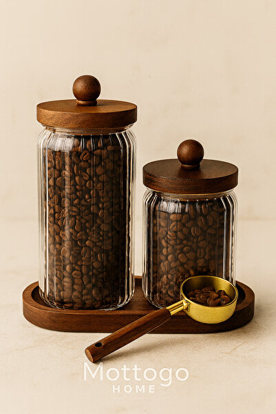 Mottogo Set of 2 Acacia Vacuum Lid Glass Jars with Measuring Spoons 600ml - 950ml