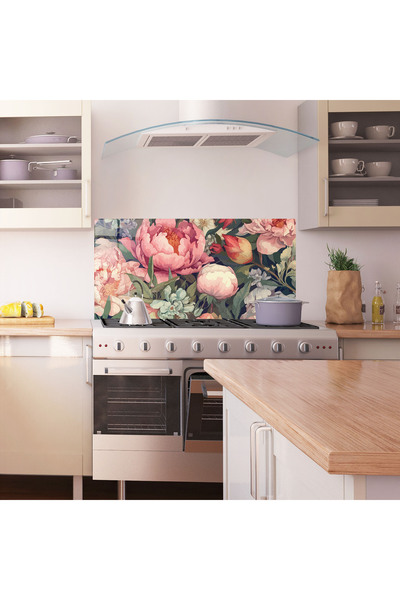 Arthub Kitchen Glass Panel, Stove Protection, Heat Resistant, Flowers, Pretty Artistic Peony