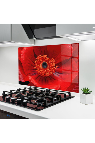 Arthub Kitchen Glass Panel, Stove Protection, Heat Resistant, Flowers, Big Poppy Close Up