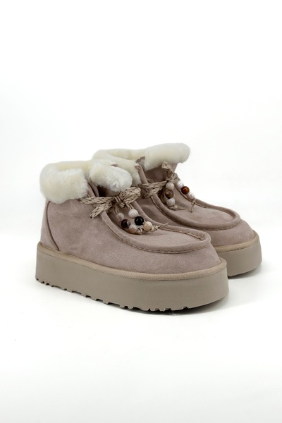Shoebutik Juno Beige Fur Detail Beaded Lace-Up Women's Boots