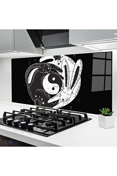 Arthub Panou Sticla Bucatarie, Protectie aragaz, Termorezistent, Feng-shui, Bunny Yinyang