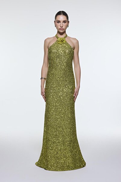 CENGIZ AKTURK Boyundan Askılı Çiçek Detaylı Payet Uzun Abiye Elbise - 9348C