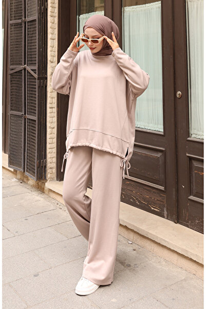 sefamerve Lace Detailed Hijab Trouser Suit 2175-02 Beige