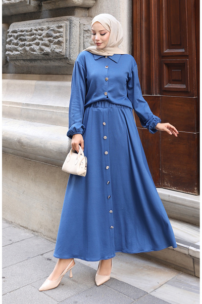sefamerve Shirt Collar Hijab Tunic Skirt Two-Piece Set 0223-02 Indigo