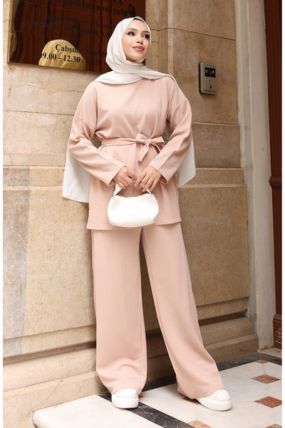 sefamerve Corded Fabric Tie-Up Modest Pants Set 2172-03 Beige