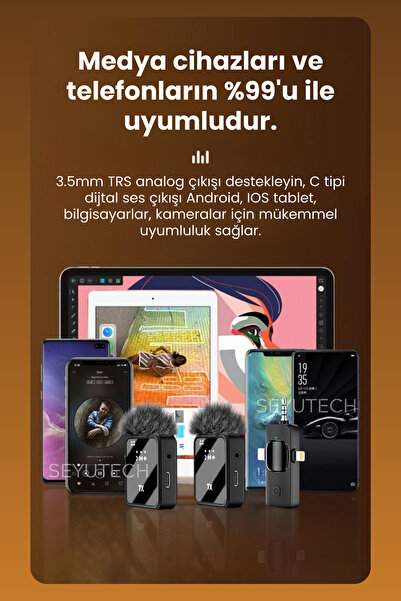 SEYUTECH Kablosuz Tüylü Yaka Mikrofonu Wireless Canlı Yayın IOS ve Android Uyumlu Yaka Mikrofonu
