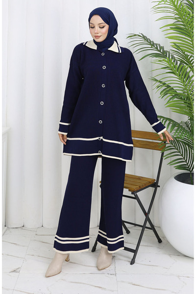 sefamerve Knitted polo neck buttoned tunic pants double set 1108-06 navy blue