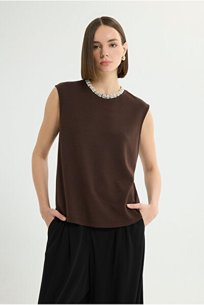 Love My Body Yakası Taş Detaylı Örme Bluz