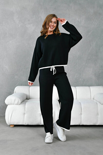 Park Karon طقم تريكو نسائي مكون من سترة بياقة دائرية وأربطة وبنطلون