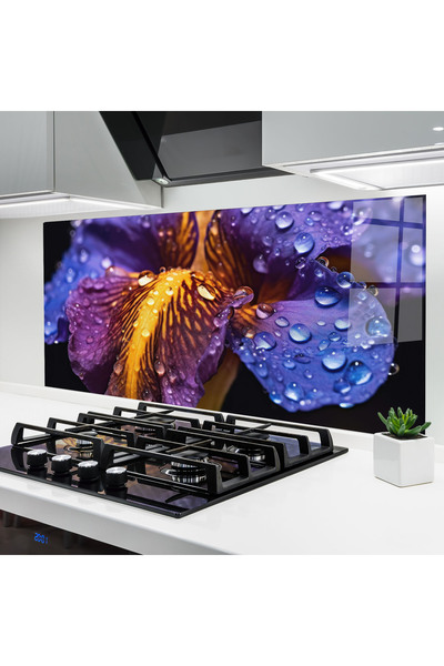 Arthub Kitchen Glass Panel, Stove Protection, Heat Resistant, Flowers, Close Up Iris After Rain
