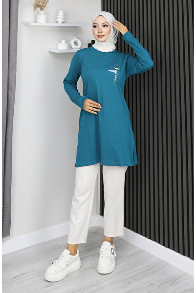 sefamerve Digital Fabric Slit Tunic 9135-04 Petrol