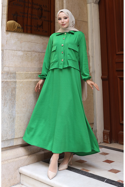 sefamerve Corded Fabric Button Jacket Dress Hijab Set 0219-05 Green