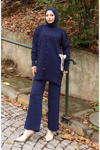 sefamerve Knitwear stone Printed tunic pants double set 1104-06 navy blue