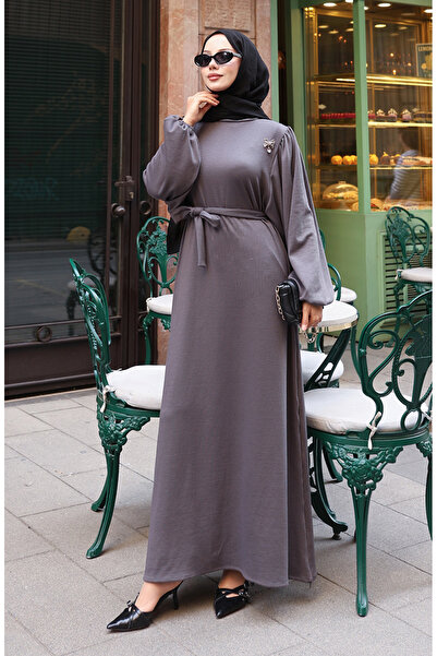 sefamerve Brooched lace detailed Corded Fabric hijab dress 0220-03 anthracite