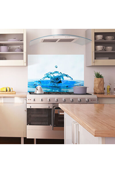 Arthub Kitchen Glass Panel, Stove Protection, Heat Resistant, Feng-shui, Blue Water Splash