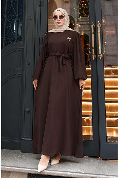 sefamerve Corded Fabric Hijab Dress with Brooch and Lace Detail 0220-04 Brown