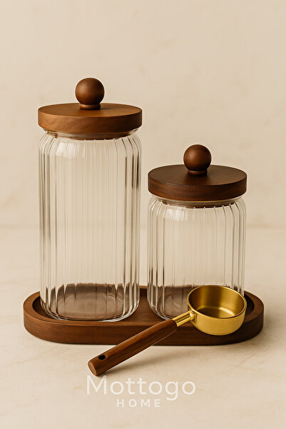 Mottogo Set of 2 Acacia Vacuum Lid Glass Jars with Measuring Spoons 600ml - 950ml