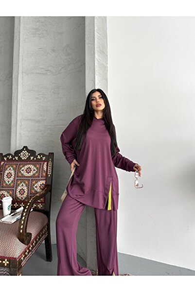 Moda İkra Women's Slit and Hoodie Bottom Top Set