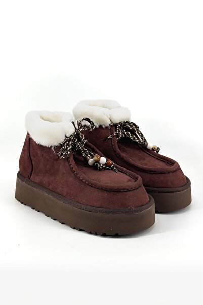 Shoebutik Γυναικείες μπότες Juno Bitter Brown με λεπτομέρεια από γούνα με κορδόνια