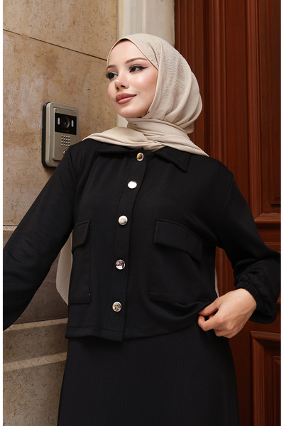 sefamerve Corded Fabric Button Jacket Dress Hijab Suit 0219-02 Black