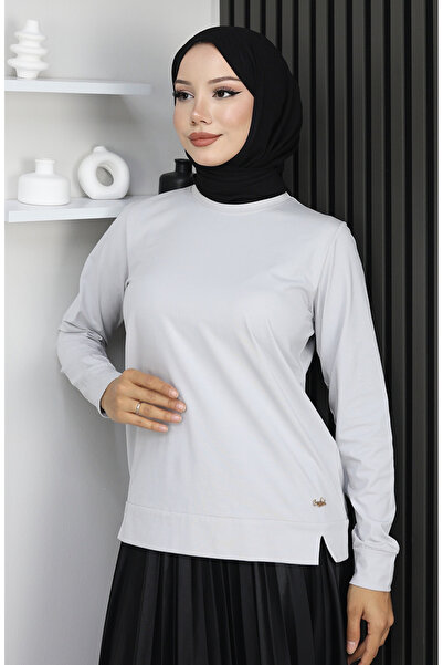 sefamerve Λεπτομερής χτενισμένη βαμβακερή μπλούζα με σχισμή 1064-01 Πέτρα