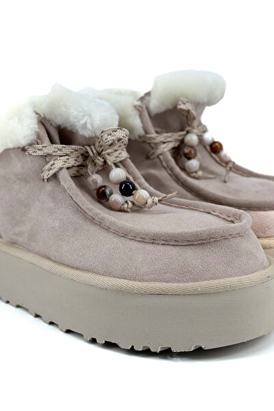 Shoebutik Juno Beige Fur Detail Beaded Lace-Up Women's Boots