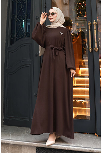 sefamerve Corded Fabric Hijab Dress with Brooch and Lace Detail 0220-04 Brown