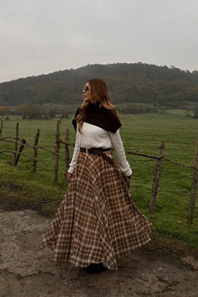 Laluvia Brown Chiffon Plaid Skirt - 0613