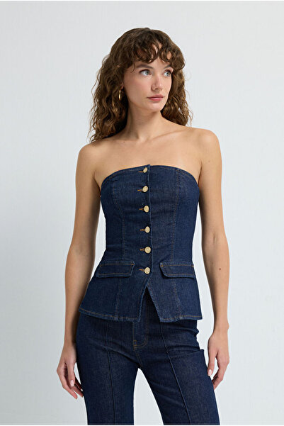 adL Düğme Detaylı Denim Bluz