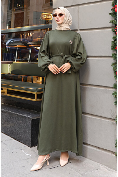 sefamerve Brooch and lace detailed Corded Fabric hijab dress 0220-02 khaki