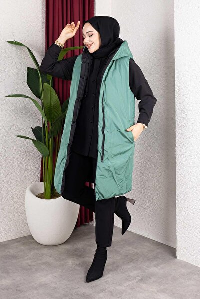 MİSSKAYLE Πράσινο φουσκωτό γιλέκο με κουκούλα διπλής όψης