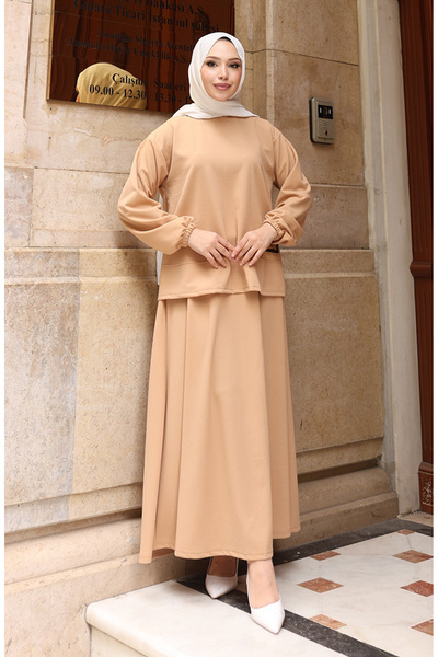 sefamerve Scuba Fabric Hijab Tunic Skirt Two-Piece Set 0221-02 Milky Coffee