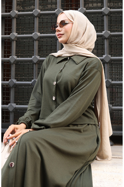sefamerve Shirt Collar Hijab Tunic Skirt Two-Piece Set 0223-03 Khaki