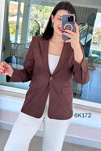 İnce Topuk Single Button Blazer Suede Jacket 6K172
