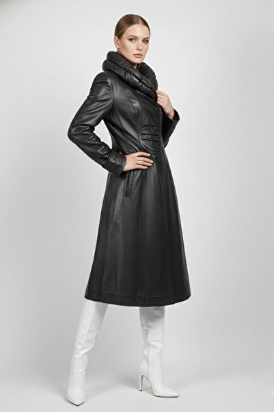 Deriderim Black Gathered Collar Zippered Slim Genuine Leather Long Women's Coat