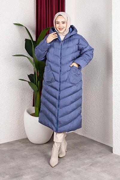 MİSSKAYLE Μπλε πουπουλένιο παλτό με τσέπες με κουκούλα