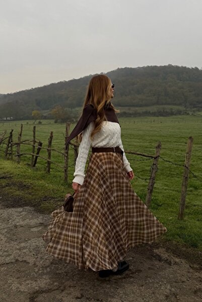 Laluvia Brown Chiffon Plaid Skirt - 0613