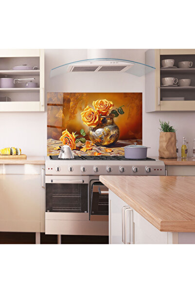 Arthub Kitchen Glass Panel, Stove Protection, Heat Resistant, Flowers, Orange Roses Vases