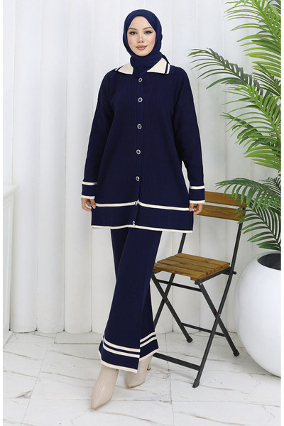 sefamerve Knitted polo neck buttoned tunic pants double set 1108-06 navy blue