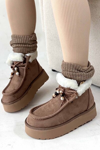 Shoebutik Juno Stone Color Fur Detail Beaded Lace-Up Women's Boots