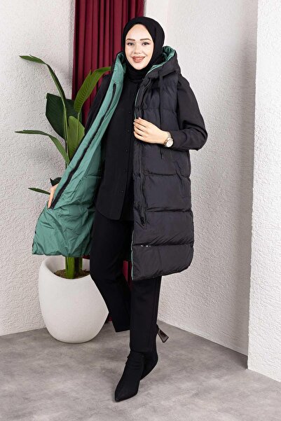 MİSSKAYLE Πράσινο φουσκωτό γιλέκο με κουκούλα διπλής όψης