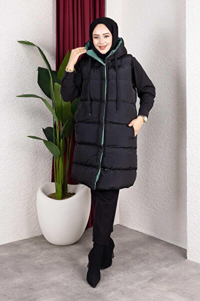 MİSSKAYLE Πράσινο φουσκωτό γιλέκο με κουκούλα διπλής όψης