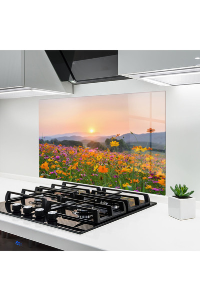 Arthub Kitchen Glass Panel, Stove Protection, Heat Resistant, Flowers, Sunset Mountain Flowerf