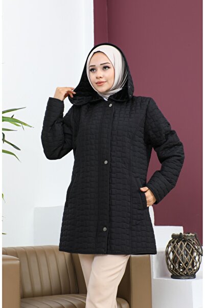 sefamerve Μεγάλο μέγεθος Παλτό με τετράγωνο σχέδιο καπιτονέ 6141-01 Μαύρο