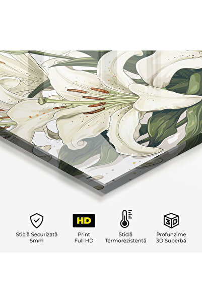 Arthub Kitchen Glass Panel, Stove Protection, Heat Resistant, Flowers, Grey White Lily