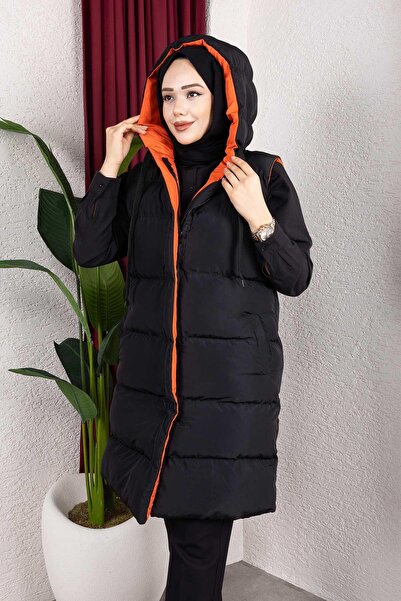 MİSSKAYLE Πορτοκαλί φουσκωτό γιλέκο με κουκούλα διπλής όψης