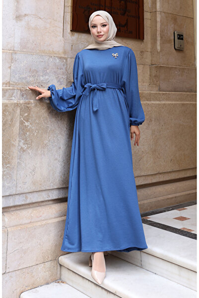 sefamerve Corded Fabric Hijab Dress with Brooch and Lace Detail 0220-06 Indigo
