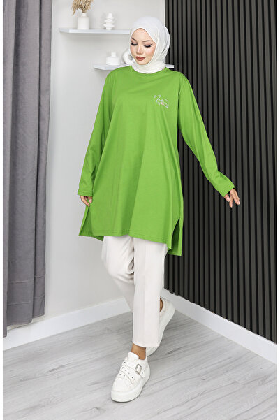 sefamerve Ψηφιακό χτενισμένο βαμβακερό τουνίκ μεγάλου μεγέθους με τύπωμα 9134B-02 Πράσινο