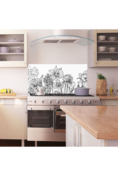 Arthub Kitchen Glass Panel, Stove Protection, Heat Resistant, Flowers, Black Line Plant
